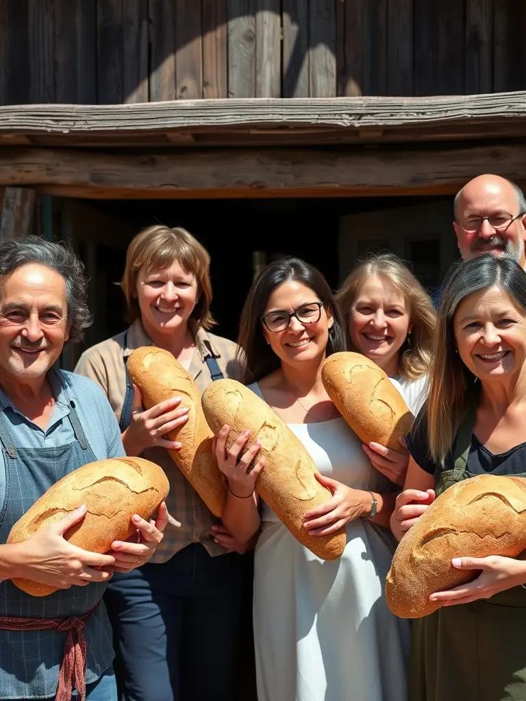 A group photo of workshop participants smiling and holding their freshly baked bread, capturing the sense of community and accomplishment.