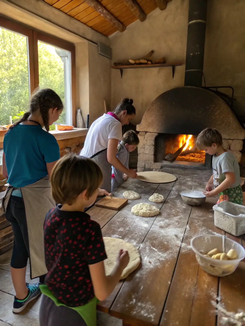 A group of people gathered around a traditional bread oven, actively participating in a bread-making workshop, with a focus on hands-on learning and community engagement.