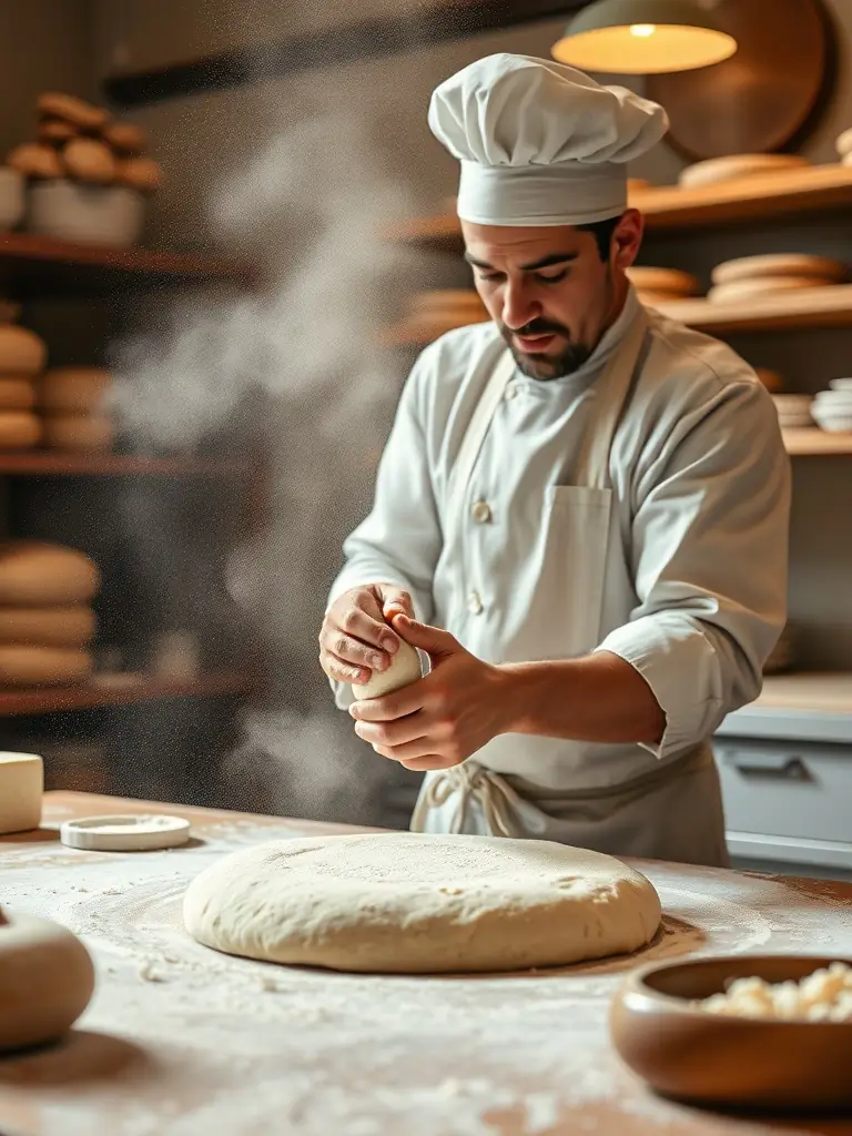 A close-up shot of children learning about traditional bread-making techniques from an experienced artisan, highlighting intergenerational knowledge transfer.