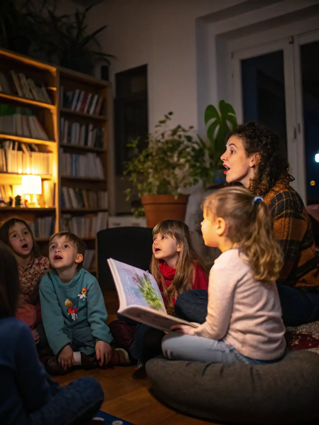 A picture of children participating in a storytelling session at La Veillée au Fournil, listening attentively to tales of local folklore and traditions.