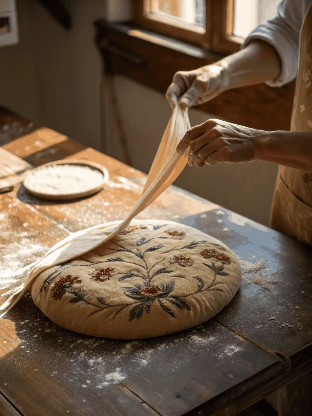 A close-up shot of hands shaping dough, emphasizing the artisanal skills taught at LA VEILLEE AU FOURNIL.
