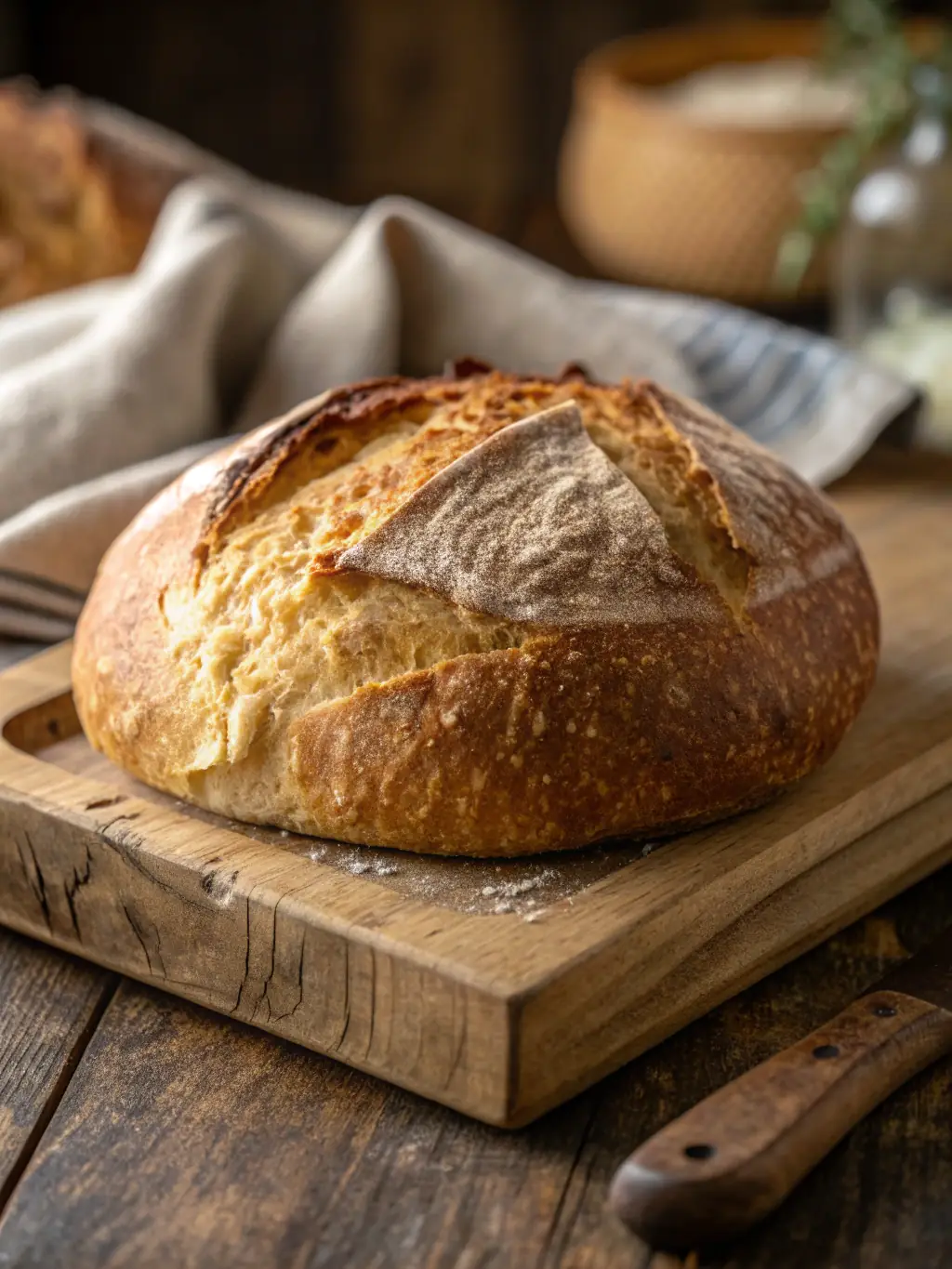 A vibrant image of a freshly baked loaf of bread being taken out of a traditional bread oven, emphasizing the rewarding outcome of the workshops.