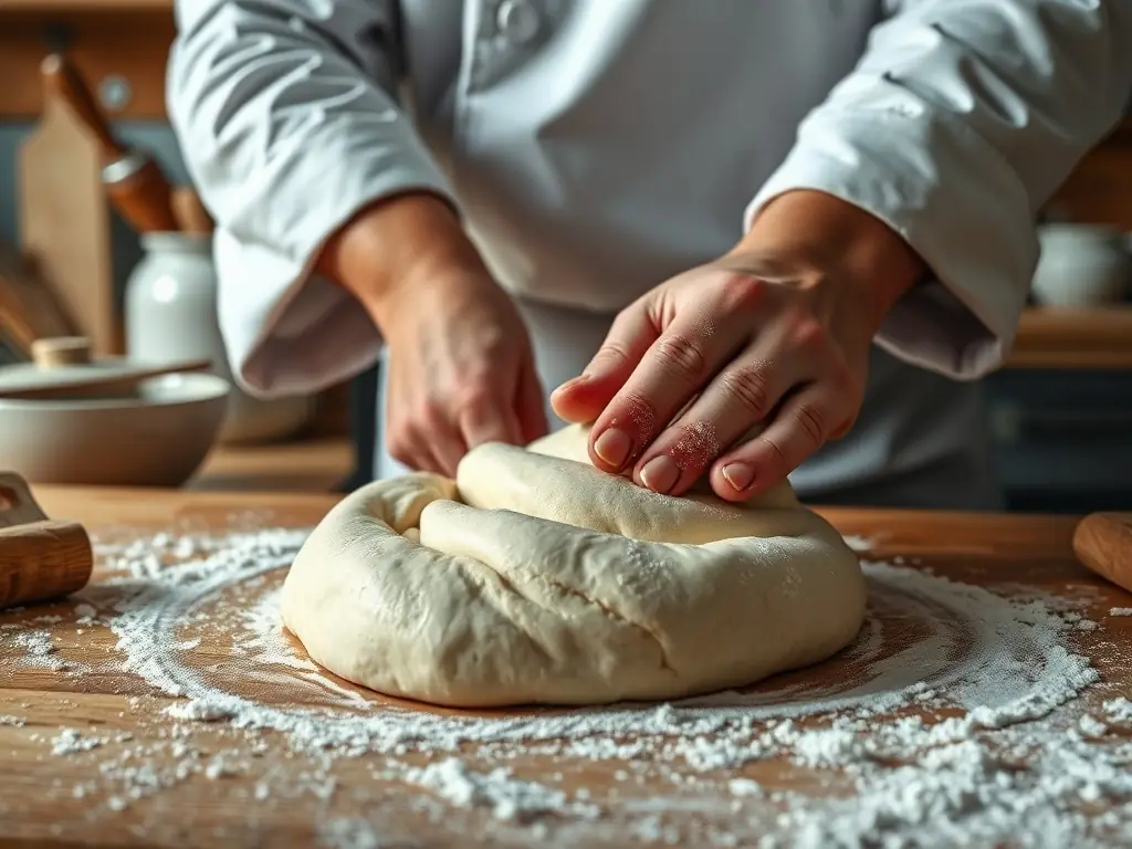 A close-up shot of hands kneading dough using traditional methods, emphasizing the artisanal skills and techniques taught in LA VEILLEE AU FOURNIL's workshops.