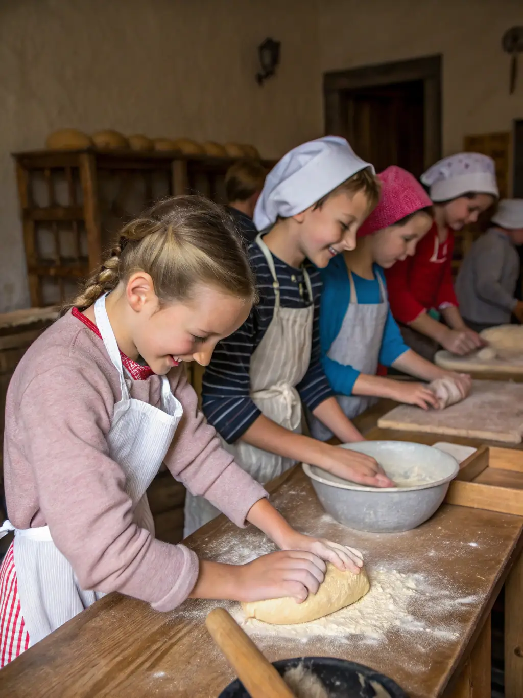 A group of people laughing and working together to knead dough at a traditional bread-making workshop, showcasing the community aspect of LA VEILLEE AU FOURNIL.