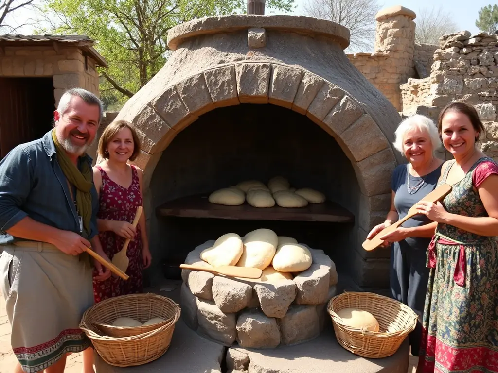 A photograph capturing a diverse group of participants, young and old, working together to build a traditional bread oven during a workshop, showcasing intergenerational knowledge transfer and community collaboration.