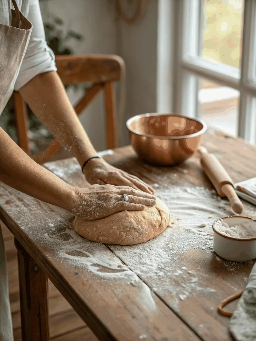 A detailed photograph of participants actively engaged in kneading dough during a bread-making workshop, showcasing the hands-on learning experience.
