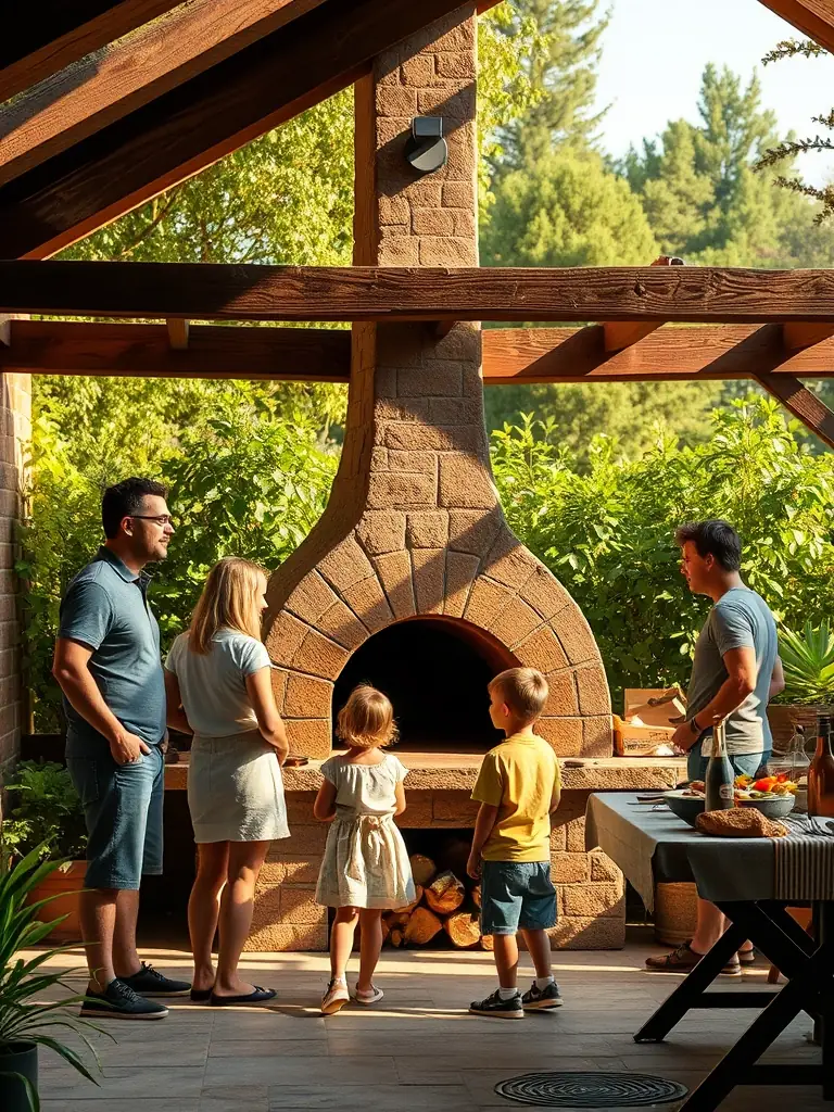A photo of a group of people gathered around a traditional bread oven, learning about its construction and maintenance at La Veillée au Fournil.