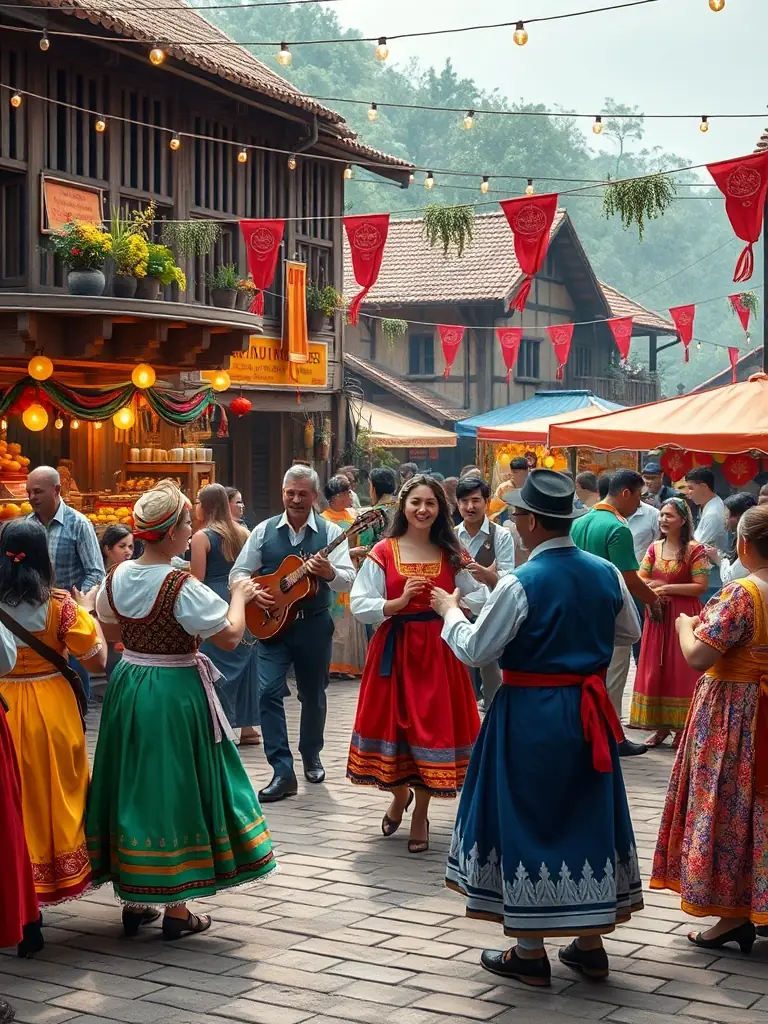 A vibrant scene from a cultural event organized by LA VEILLEE AU FOURNIL, showcasing traditional music, dance, and local food, emphasizing community celebration.
