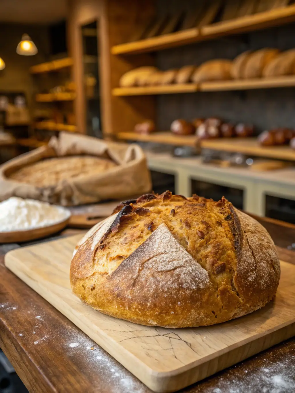 A vibrant image of a freshly baked loaf of bread being taken out of a traditional wood-fired oven, showcasing the culmination of the baking process.