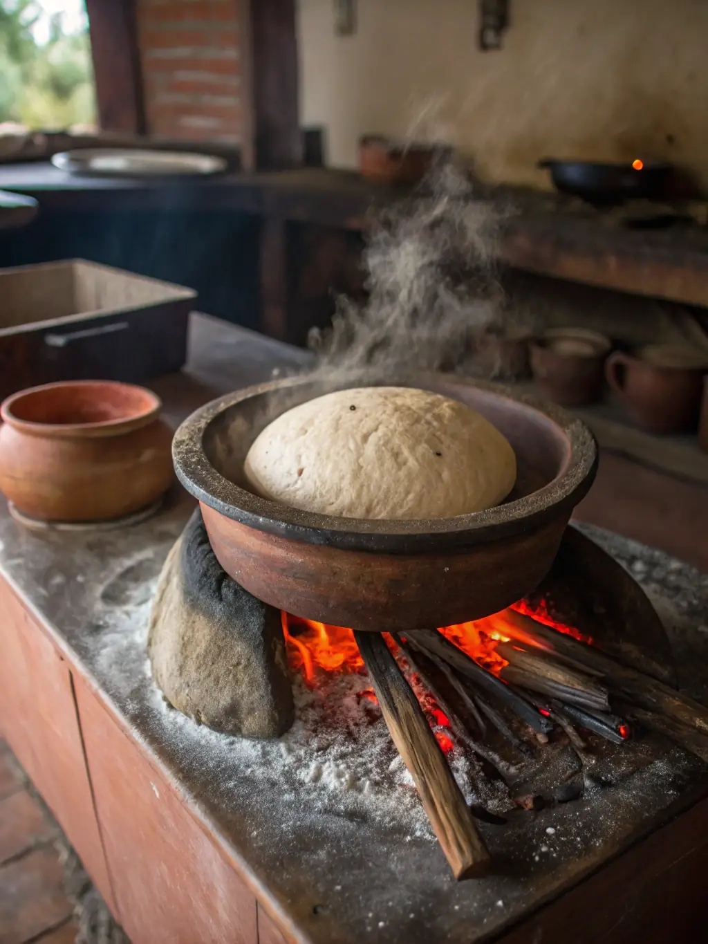 A close-up shot of a skilled artisan carefully tending to a traditional bread oven, emphasizing the craftsmanship and dedication involved in the process.