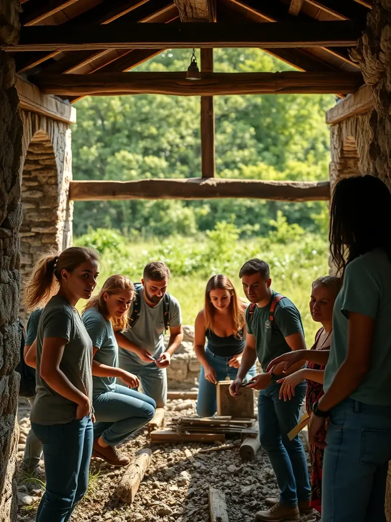 A photo of volunteers working together to maintain and restore a traditional bread oven, emphasizing community involvement and preservation efforts.